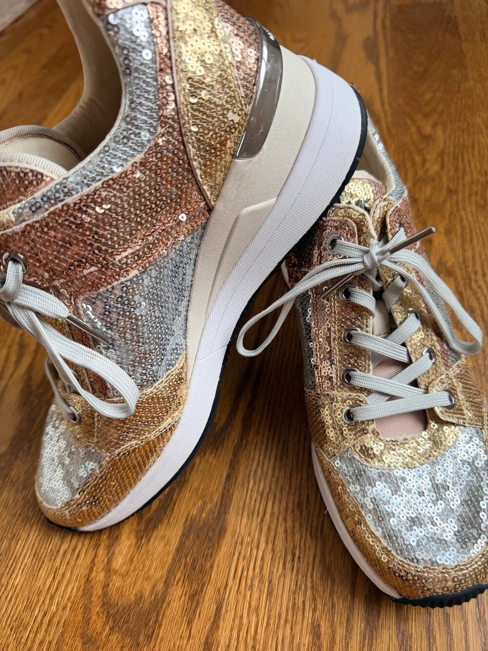 Michael Kors Georgie Sequin Wedge Trainers Rose Gold Silver Sneakers Women's 10M